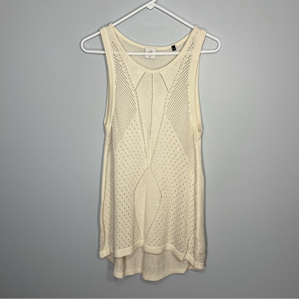 Cabi Shirt Womens Medium Ivory Off White Tennis Tank Knit Hi Low Crochet Sweater